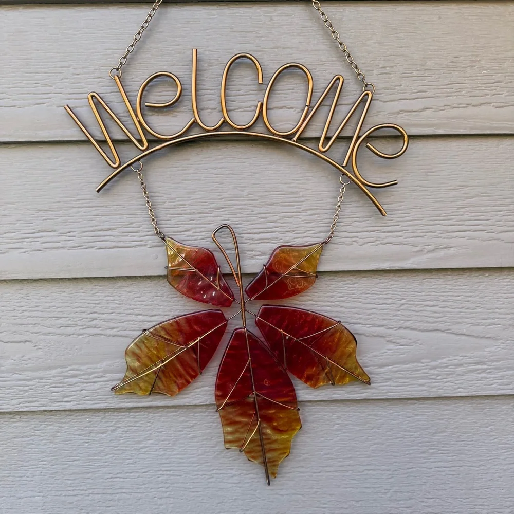 Copper Welcome Sign With Glass Maple Leaf Rustic Country Handmade Artisan Pretty
